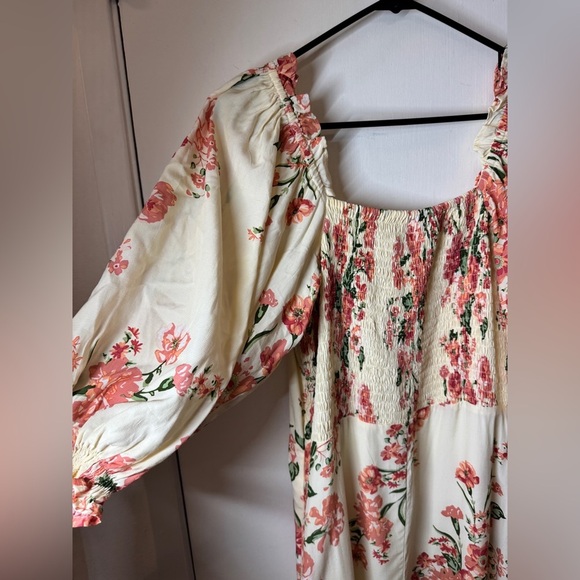 Faithfull the Brand Floral Puff Sleeve Light Butter Yellow Pink Midi Dress US 8 - Picture 5 of 15